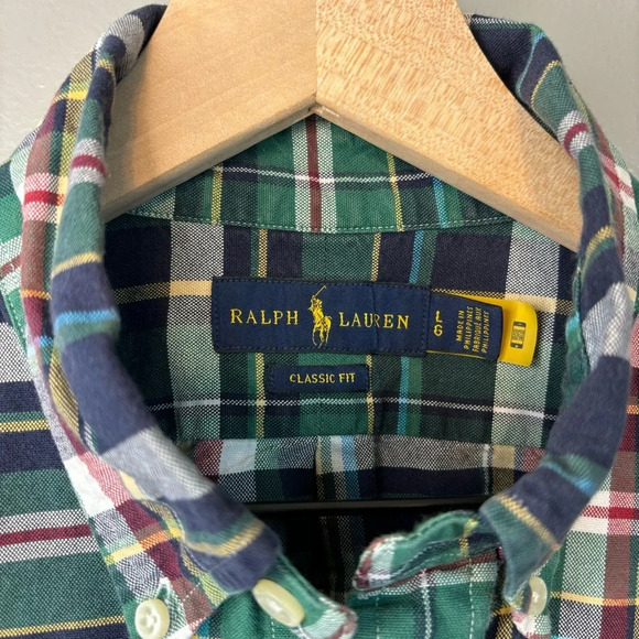 Ralph Lauren Large Classic Fit Cotton Oxford Plaid Button Down Shirt Blue Green - Picture 6 of 7